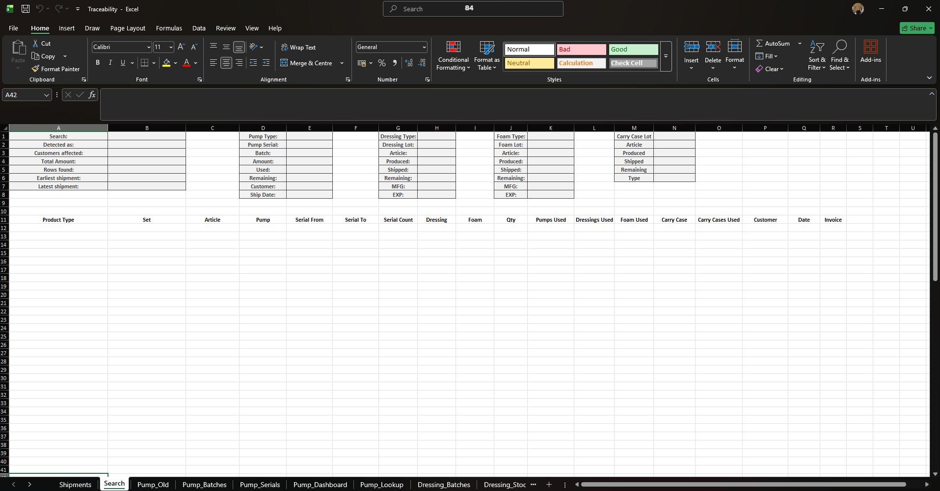 Traceability Excel tool for searching batches, serial numbers, and shipments